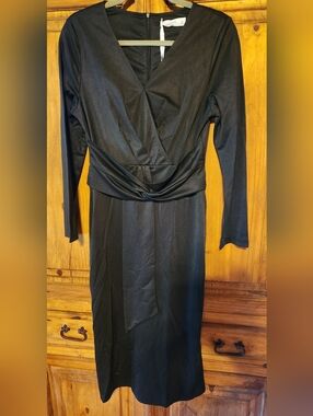 Jasambac Black Long Sleeve Draped Waist Dress with side-slits and built-in slip